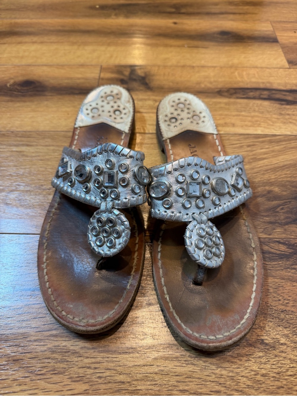 Jack Rogers Silver Leather Jeweled Toe-Post Sandals